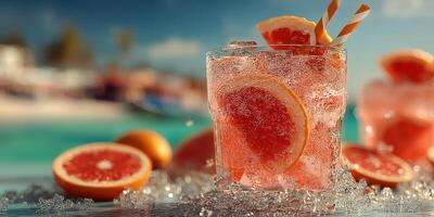 Refreshing grapefruit drink served over ice with citrus slices in a vibrant beach setting photo