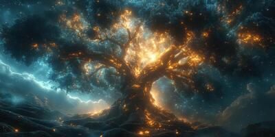 Majestic glowing tree illuminated by ethereal light in a mystical landscape at twilight photo