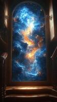 Staircase leading to a vibrant cosmic vista with blue and orange nebulae during twilight photo