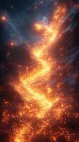 Glowing river of molten lava flows through an ethereal cosmic landscape filled with stars and darkness photo