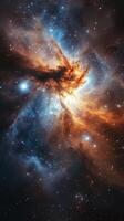 Vibrant cosmic nebula displays fiery colors against a star-studded background in deep space photo