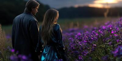 Couple walking hand in hand through a purple flower field at sunset in a tranquil countryside setting photo