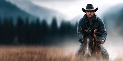 Cowboy riding a horse through a misty mountain landscape at dawn photo