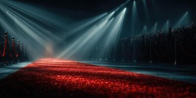 Excitement builds on the red carpet as lights shine over a glamorous event venue filled with eager attendees photo
