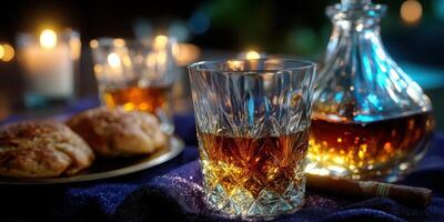 Evening gathering features whiskey, cookies, and warm candlelight on a cozy table setting photo