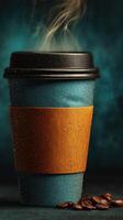 Steaming coffee cup with condensation and coffee beans on textured surface photo