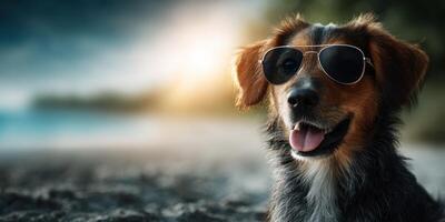 Happy dog wearing sunglasses poses on the beach during sunset near the ocean photo