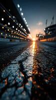 Sunset casts warm glow on cracked racetrack with bright stadium lights illuminating the surroundings photo