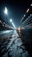 Nighttime racing atmosphere captured on the track with illuminated surroundings and cars in motion photo