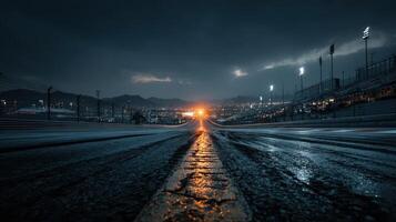 Evening rain on a racing track creates a reflective surface and sets a dramatic mood during a motorsport event at dusk photo