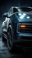 Luxurious blue SUV under dramatic lighting showcasing sleek design and powerful presence in urban setting at night photo