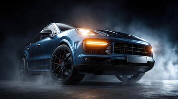 Sleek blue luxury SUV driving through smoke in a dramatic setting at night photo