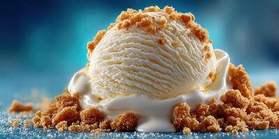 Delicious scoop of vanilla ice cream topped with crushed cookies served on a bright blue background photo