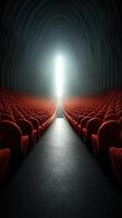 Interior of a spacious auditorium with red chairs leading to a bright light at the end of a long path photo