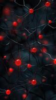 Bright red spheres connected by dark strands create an abstract representation of network connections in a modern digital environment photo