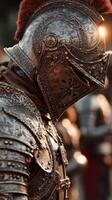 Historical reenactor in ornate armor prepares for mock battle at medieval festival in the afternoon sun photo