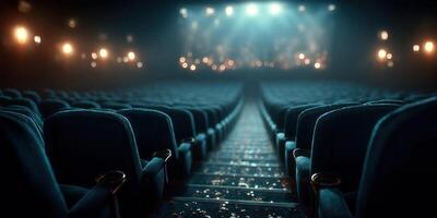 Empty theater seating with soft lighting and a stage in the background during a quiet evening performance photo