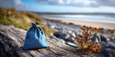 Natural setting features a blue fabric bag resting on a log near the shore with seaside rocks and autumn plants in the background photo