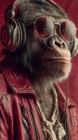 Cool monkey wearing sunglasses and headphones, dressed in a leather jacket, stands against a red background photo