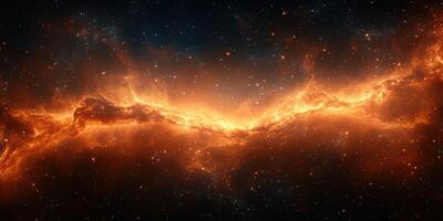 Vibrant cosmic nebula showcasing orange and gold hues in star-filled galaxy with intricate patterns of gas and dust photo