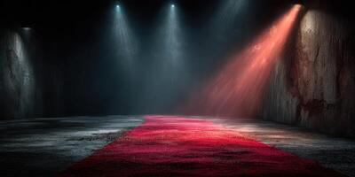 Dramatic lighting creates an atmosphere in a dark space featuring a red carpet and spotlight effects photo