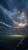 Spectacular twilight view of a stadium preparing for an exciting soccer match in the evening photo