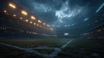 Dramatic stadium atmosphere before a crucial night match under ominous clouds and bright stadium lights photo