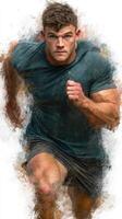 Dynamic athlete sprinting forward in an energetic running pose with an artistic background photo