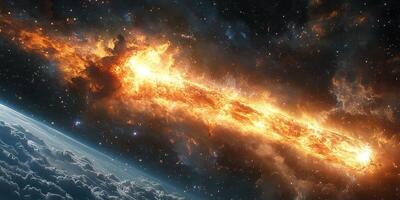 Stunning cosmic explosion with fiery details illuminating the darkness of space above Earth photo
