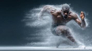 Athlete sprinting in dramatic motion, showcasing speed and strength in an atmospheric setting photo