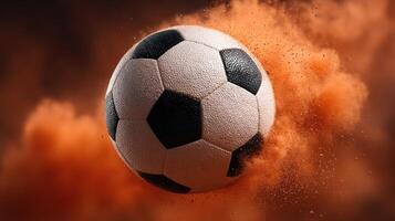 Soccer ball in motion creating a cloud of dust during an intense moment in a game photo