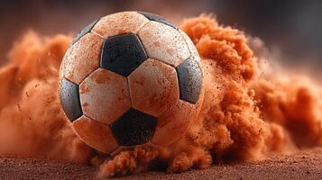 Dynamic soccer ball in motion creating dust on a vibrant orange field during an intense match photo