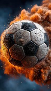 Dynamic soccer ball explodes with dust and particles during an intense game in a dramatic atmosphere photo