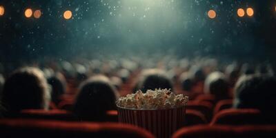 Crowd enjoys cinematic experience with popcorn at a movie theater during an evening screening photo