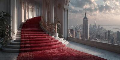Stunning staircase with red carpet overlooking the New York City skyline during twilight photo