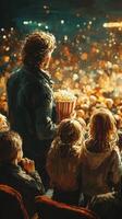 Family enjoyment at a crowded event while sharing popcorn in an excited atmosphere photo