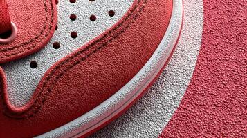 Close-up view of red sneaker on textured surface showcasing unique design details and craftsmanship photo