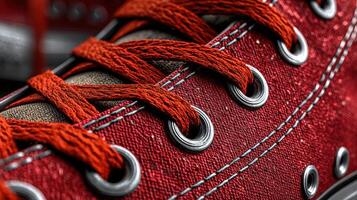 Close-up view of a red sneaker with detailed laces and eyelets highlighting craftsmanship and style photo
