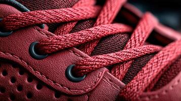 Close-up of red sneaker showcasing intricate lacing and textured materials at a stylish urban venue photo