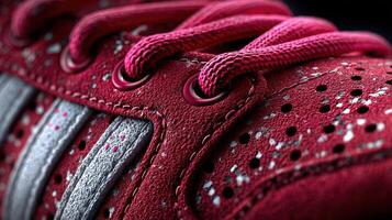 Close-up of detailed red suede sneaker showcasing unique design elements and textures in a studio setting photo