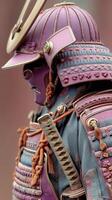Unique samurai armor displayed in intricate detail with vibrant colors and elaborate designs during a cultural exhibition photo