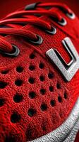 Close-up view of stylish red athletic shoe showcasing intricate design and texture with dynamic lighting effects photo