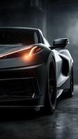 Sleek black sports car parked in a dimly lit garage showcasing modern design and unique features photo
