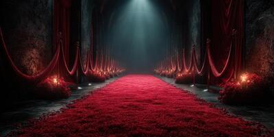 Luxurious red carpet path illuminated by soft light in a grand, dark corridor adorned with floral arrangements photo