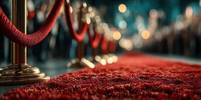 Elegant red carpet lined with velvet ropes invites guests to a glamorous event at night photo