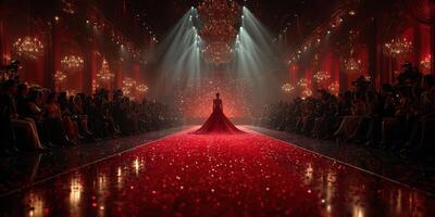 Elegant fashion runway show with dramatic lighting and a red theme featuring a model in a stunning gown photo