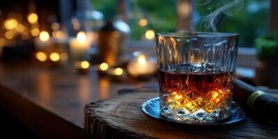 Enjoying a warm drink with a cigar by the warm flickering lights of an evening setting photo