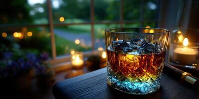 Warm evening drink by the window showcasing a glass of whiskey with ice and soft candlelight ambiance photo