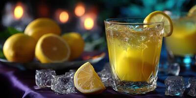 Refreshing lemon drink with ice served in a glass alongside fresh lemons and ice cubes during a summer evening gathering photo