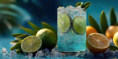 Refreshing citrus drink served in a glass with ice and fresh lime at a summer gathering photo